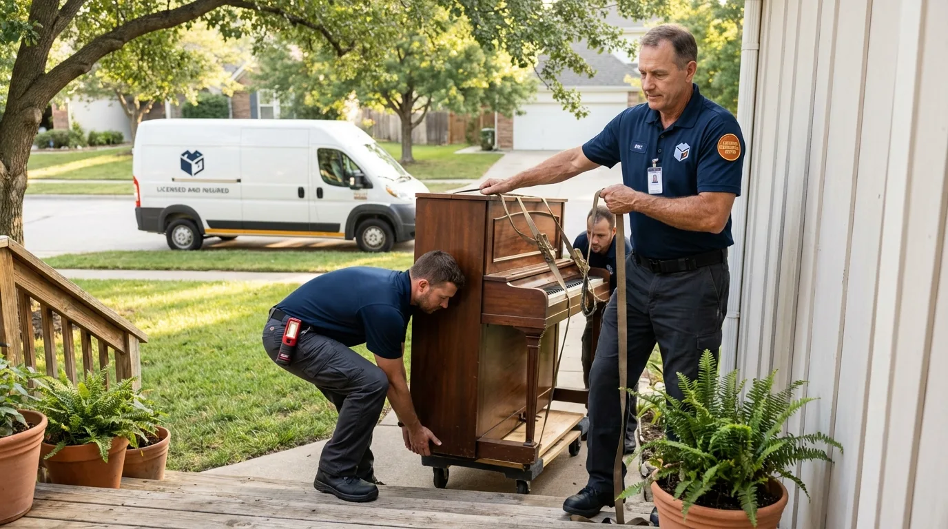 Licensed piano movers securing grand piano in Balsam Lake, WI