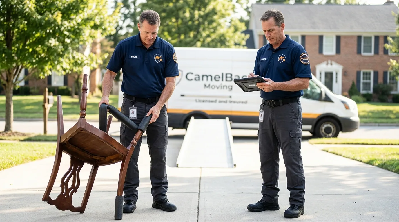 Movers inspecting furniture for damage prevention before loading in Balsam Lake, WI
