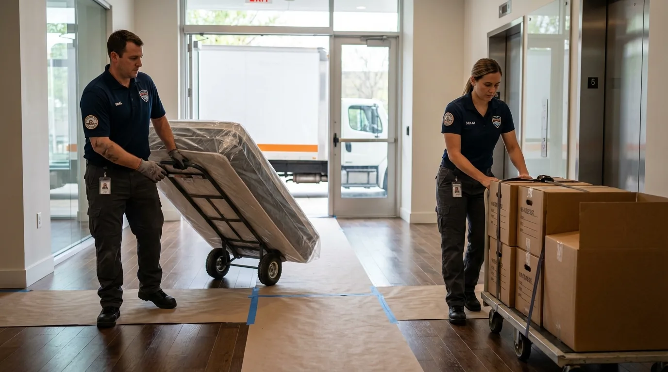 Professional apartment movers loading elevator in Balsam Lake, WI