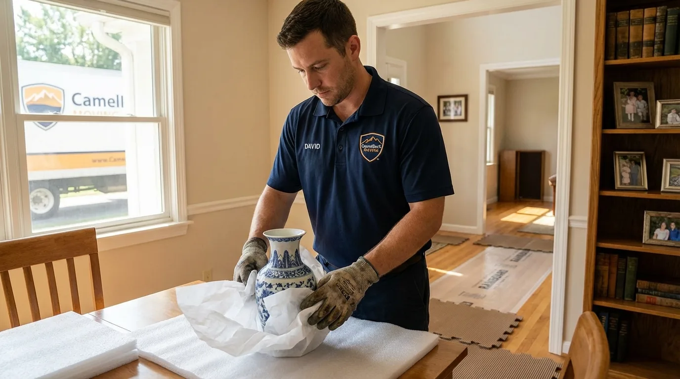 Professional crew carefully wrapping antique vase for senior downsizing move in Balsam Lake, WI